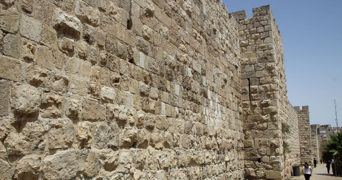 Stone fortification wall and corner tower of the Old City of Jerusalem